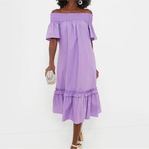 Hyacinth House Medium Lilac Purple Shirred Off the Shoulder Midi Dress